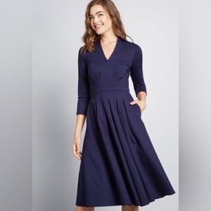 ModCloth Structured Ponte Knit Swing Dress in Navy